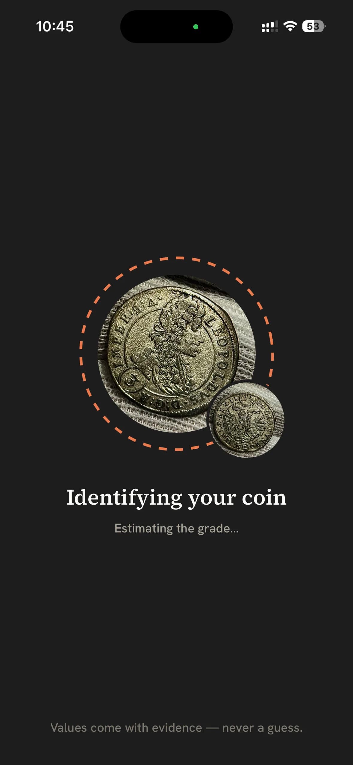 MintLens identification in progress, showing the coin photo inside a dashed capture ring while the grade is estimated