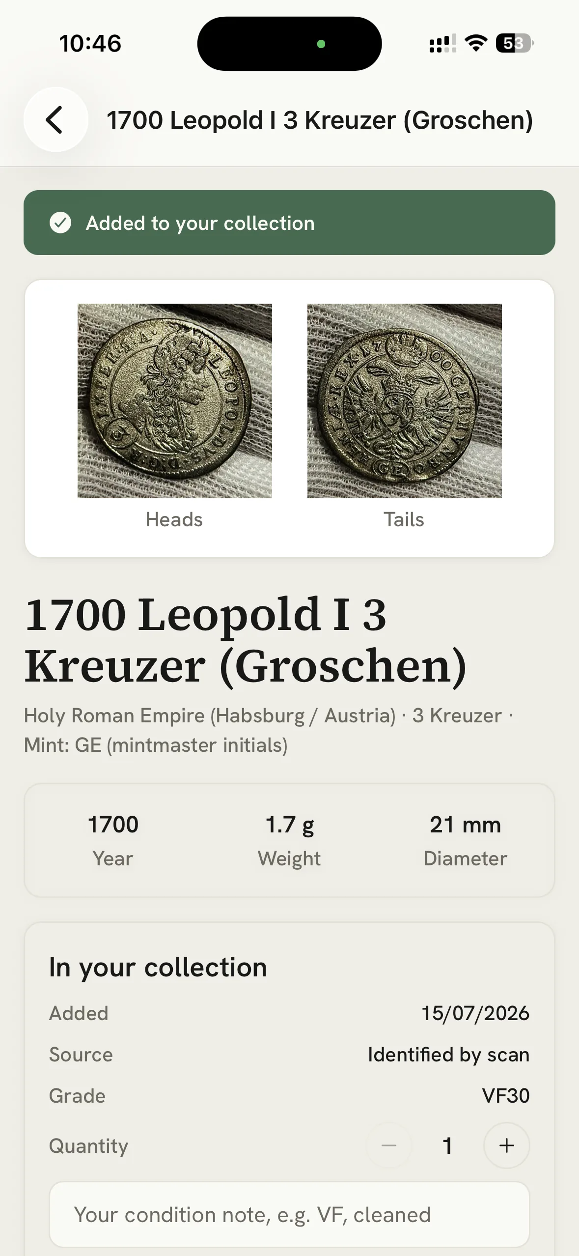 MintLens result screen showing a 1700 Leopold I 3 Kreuzer identified with heads and tails photos, grade VF30, and collection details
