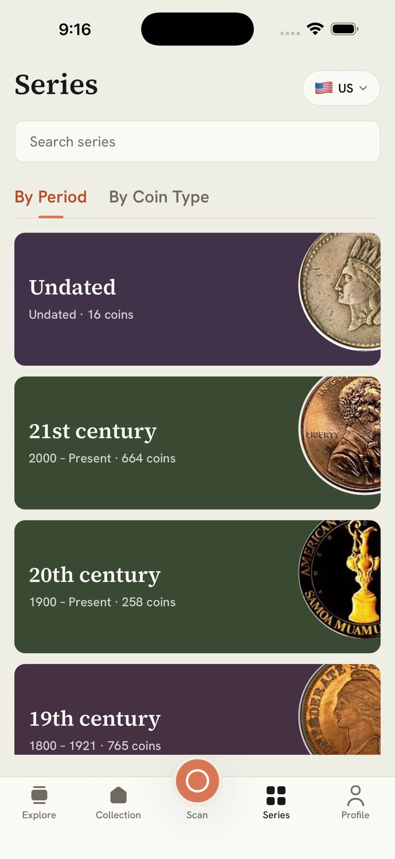 MintLens series browser showing coin categories grouped by century, including 20th and 21st century collections