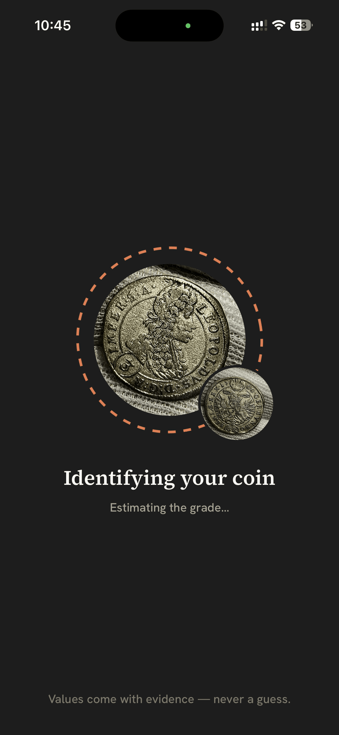 MintLens identification in progress, showing the coin photo inside a dashed capture ring while the grade is estimated